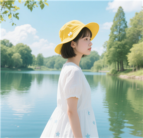 夏日湖泊戴帽美女写真图片